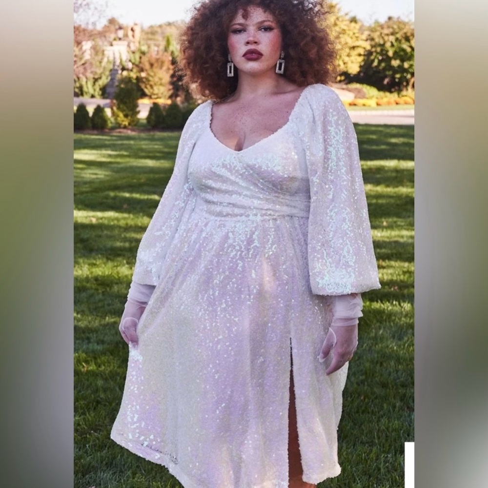 Eloquii Iridescent Sequin Midi Dress in Pearl White